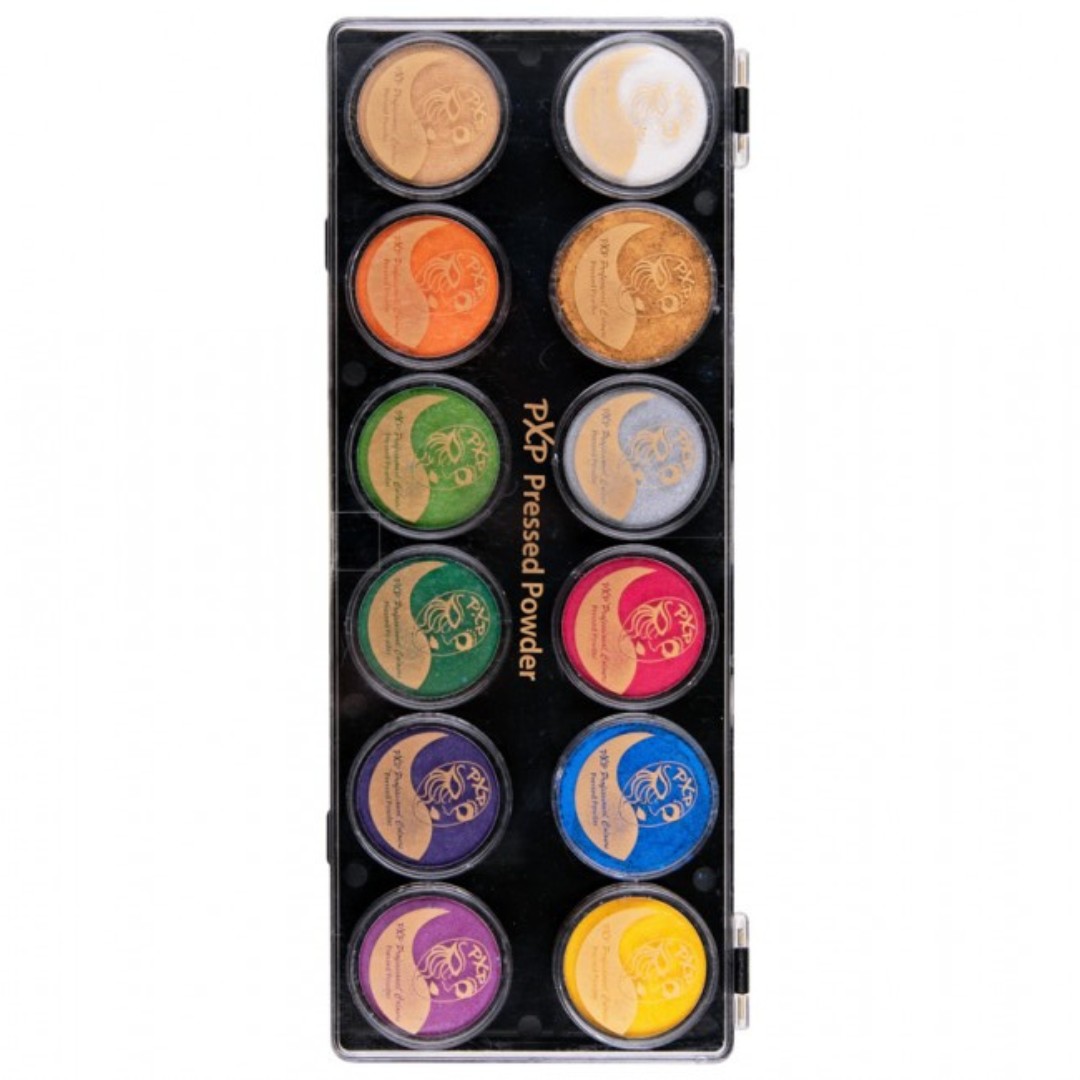 PXP Pressed Powder Palette 43693 – poederpalet geopend met kleurweergave, verkrijgbaar bij SchminkenGrime.nl PXP Pressed Powder Palette 43693 – geopende palette met intens gepigmenteerde poeders in diverse tinten, verkrijgbaar bij SchminkenGrime.nl