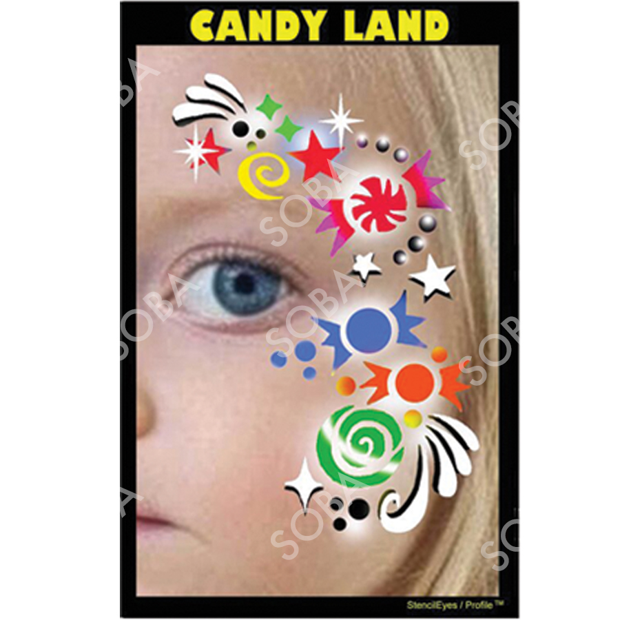 ProAiir Profile Stencil Candy Land met speelse snoepvormen zoals lolly’s en zuurstokken, ideaal voor kleurrijke schminkontwerpen, verkrijgbaar bij SchminkenGrime.nl