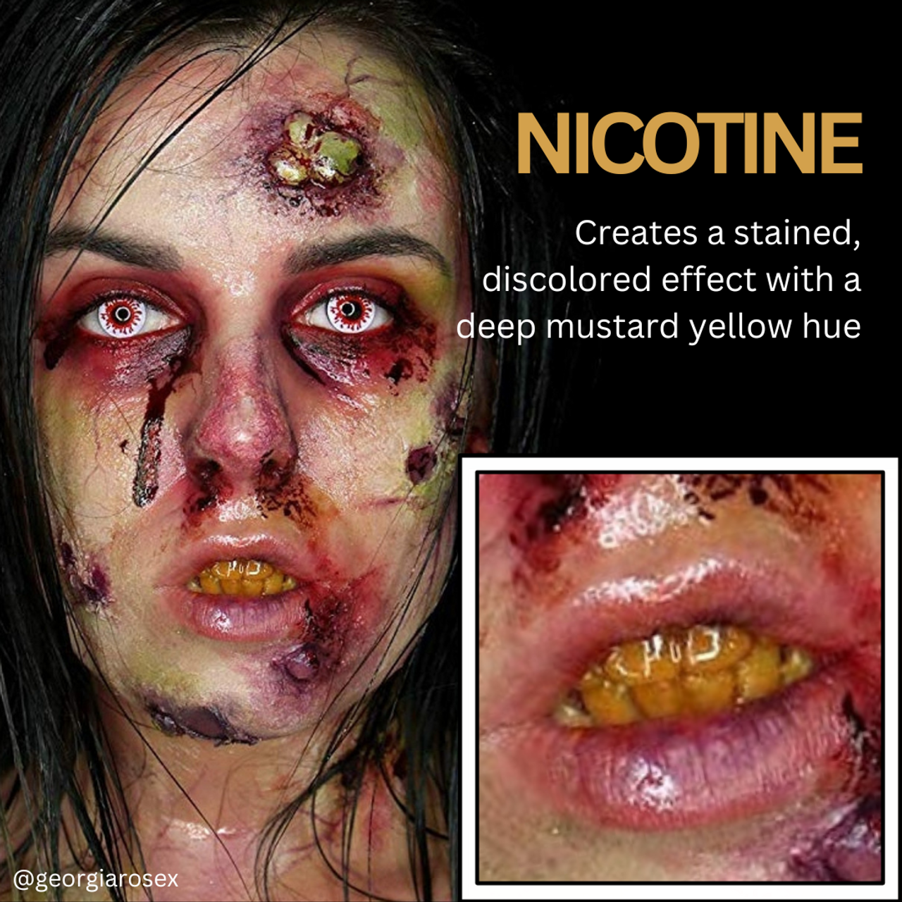 Realistische rokerstanden met Mehron Tooth FX Nicotine | SchminkenGrime.nl Make-up voorbeeld met Mehron Tooth FX Nicotine – realistisch vergeelde tanden voor SFX of zombie looks. Te koop bij SchminkenGrime.nl