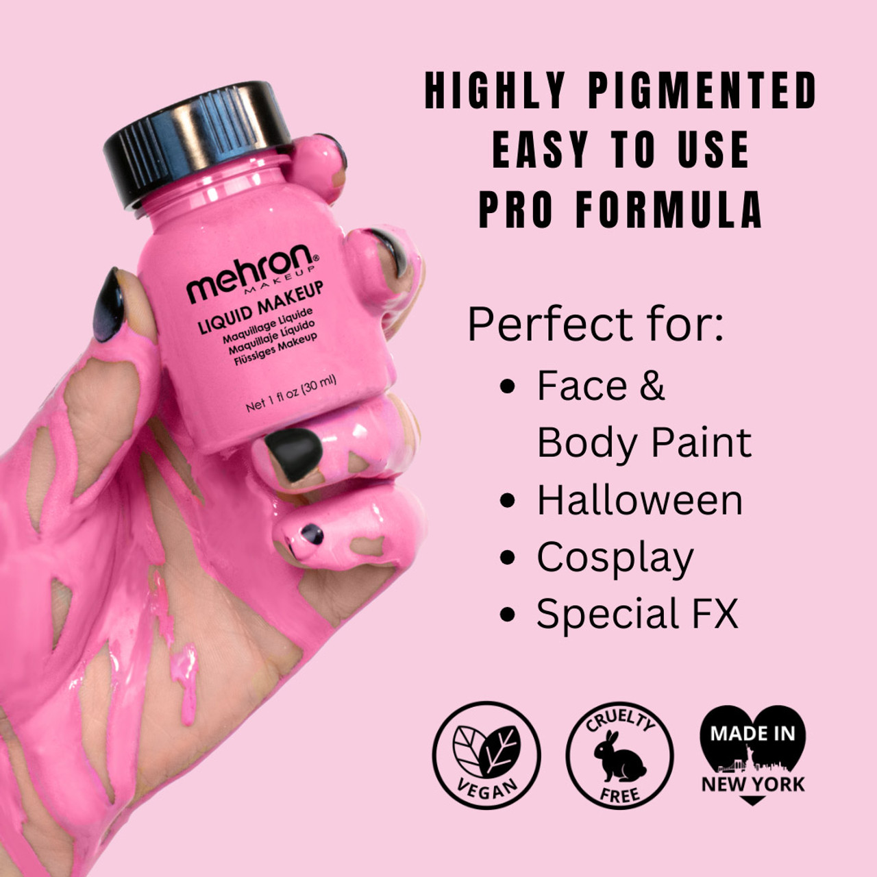 Informatieve afbeelding van Mehron Liquid Makeup Pink (135ml), roze vloeibare schmink met hoge dekking, ideaal voor schmink, bodypaint en creatieve make-up, vegan en afwasbaar, verkrijgbaar bij SchminkenGrime.nl