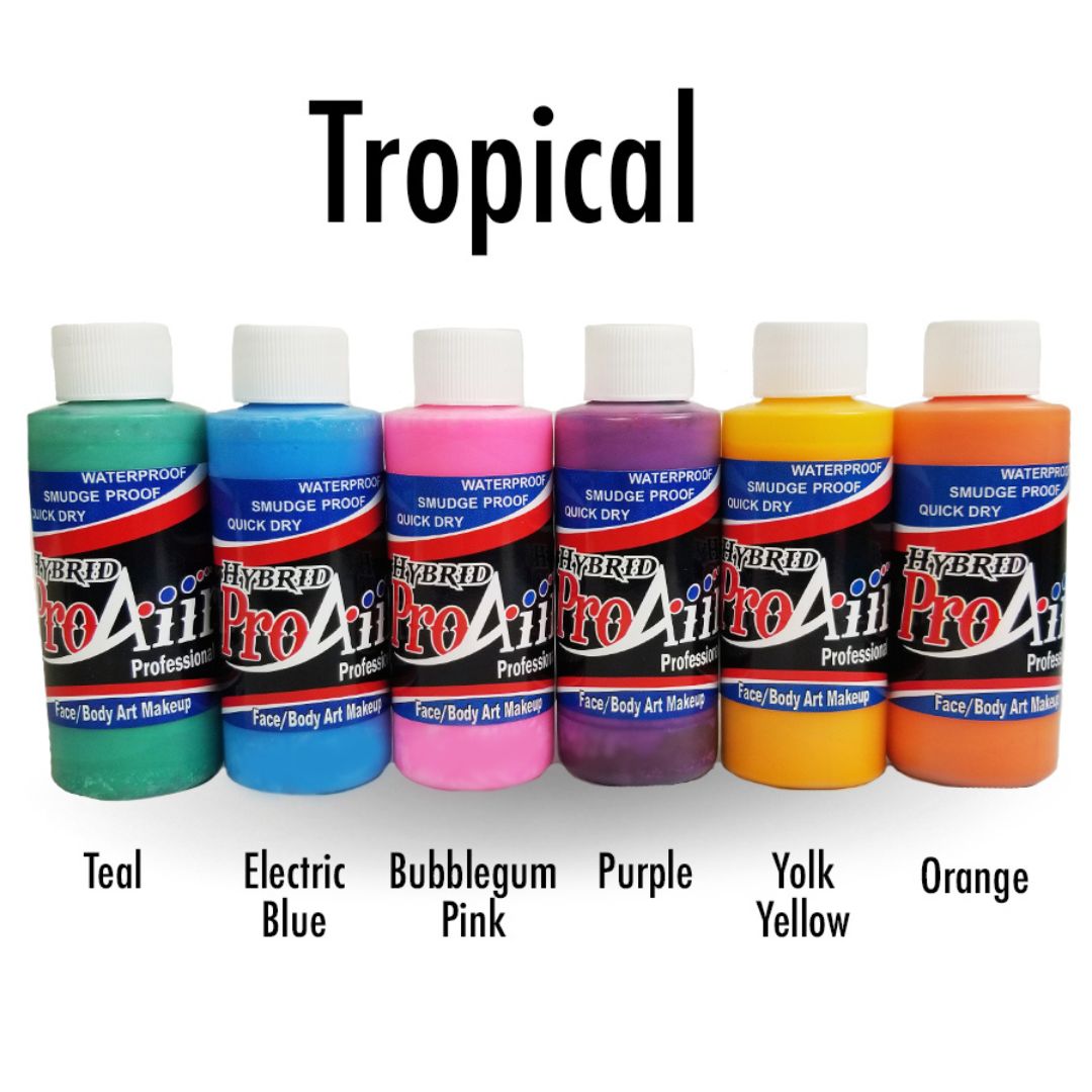 ProAiir Hybrid Tropical Pack 6×30ml – Felle tropische airbrush schmink, verkrijgbaar bij SchminkenGrime.nl ProAiir Hybrid Tropical Pack met 6 flacons van 30ml in heldere tropische kleuren, watervaste airbrush schmink voor opvallende en langdurige designs, verkrijgbaar bij SchminkenGrime.nl