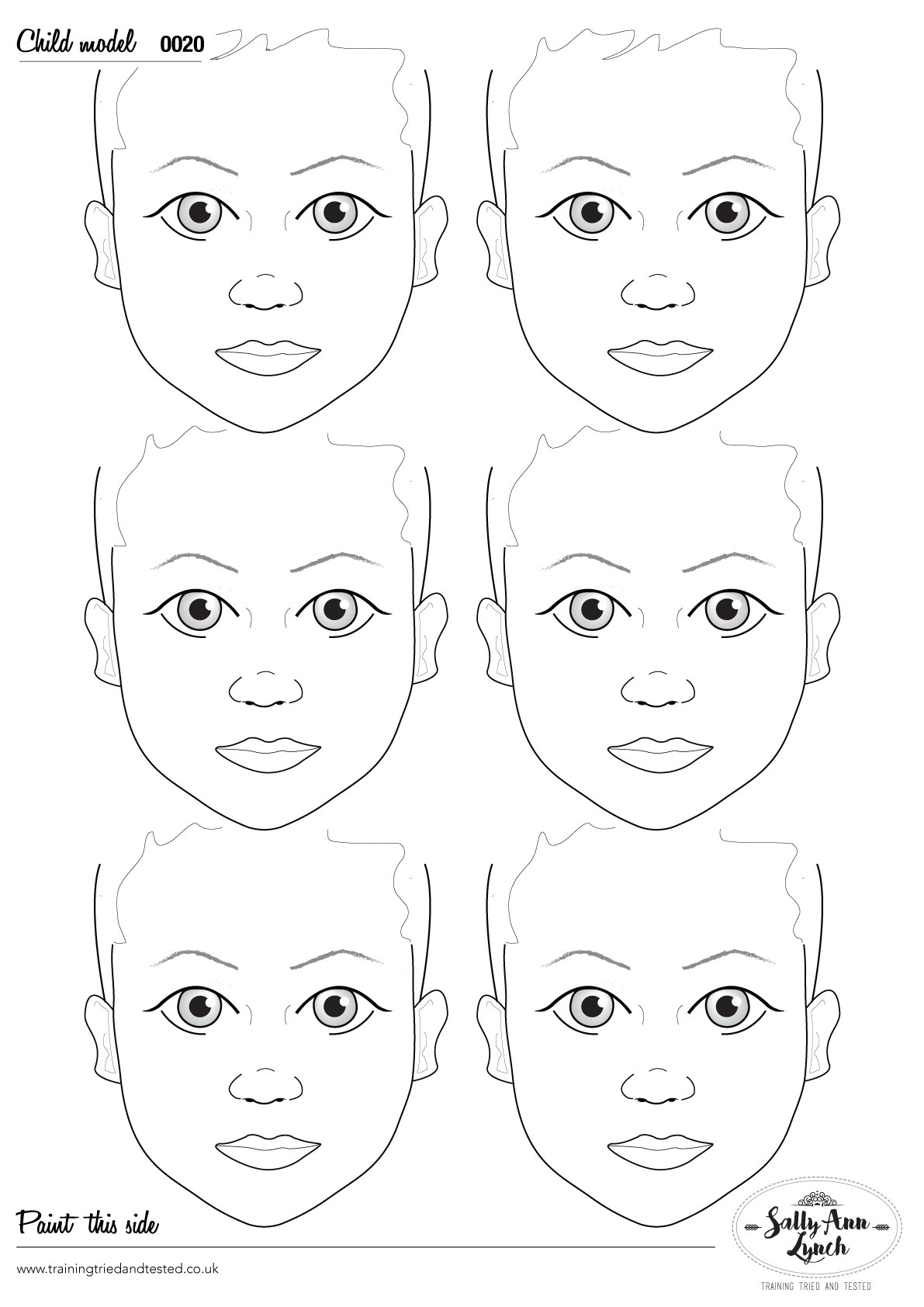 Schmink Oefenbord 6 kindergezichten, Formaat A2 (Portrait)