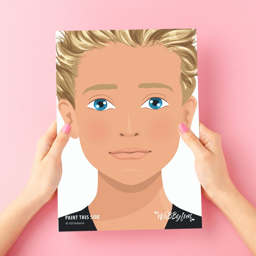 Schmink oefenbord Vince met blauwe ogen en blond haar, perfect oefenmateriaal voor kinderschmink en ontwerpen, verkrijgbaar bij SchminkenGrime.nl