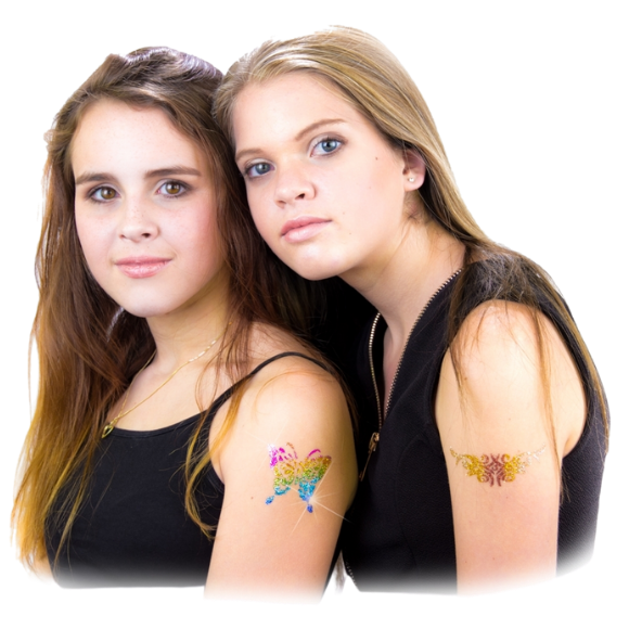 Glitter Tattoos voor kinderen en events, verkrijgbaar bij SchminkenGrime.nl Glitter Tattoos met sjablonen, huidlijm en losse glitter, ideaal voor kinderfeestjes, festivals en schminkactiviteiten, verkrijgbaar bij SchminkenGrime.nl