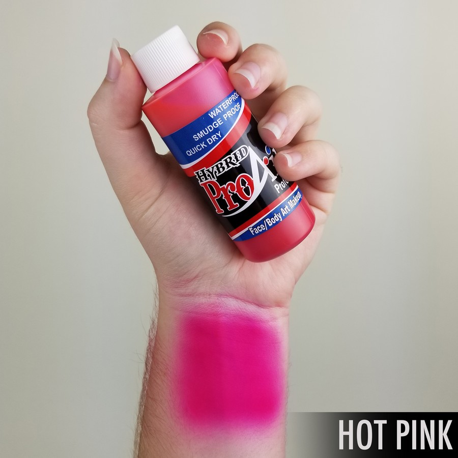 ProAiir Hybrid Hot Pink arm swatch met neonroze watervaste airbrush schmink, intens dekkend en UV-reactief, verkrijgbaar bij SchminkenGrime.nl