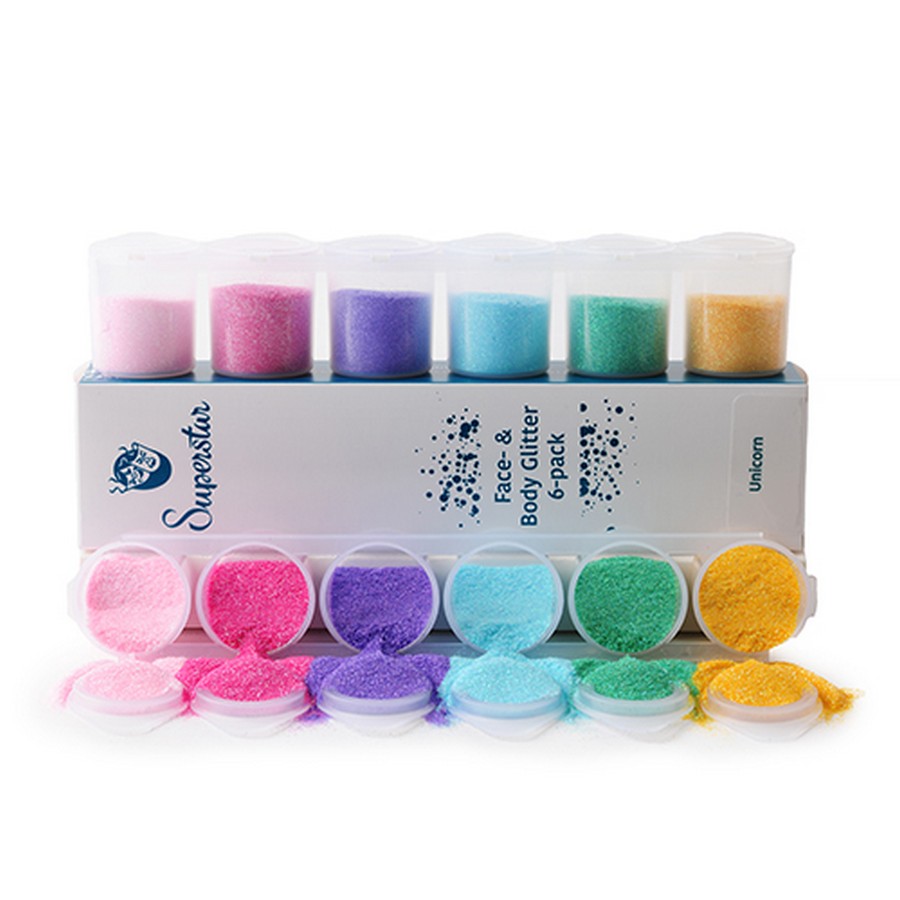 Superstar Fine Glitter Sixpack Unicorn met pastelglitters in roze, flieder en blauw, verkrijgbaar bij SchminkenGrime.nl