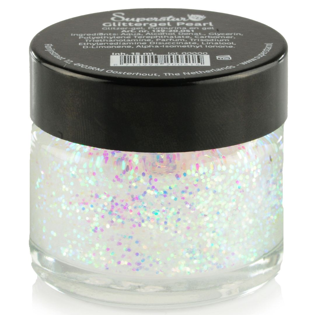 superstar glittergel parlemoer 15ml, iriserende glittergel voor zachte accenten, verkrijgbaar bij SchminkenGrime.nl Superstar Glittergel Parlemoer 15ml met glinsterende witte glans in gelvorm, ideaal voor highlights, verkrijgbaar bij SchminkenGrime.nl