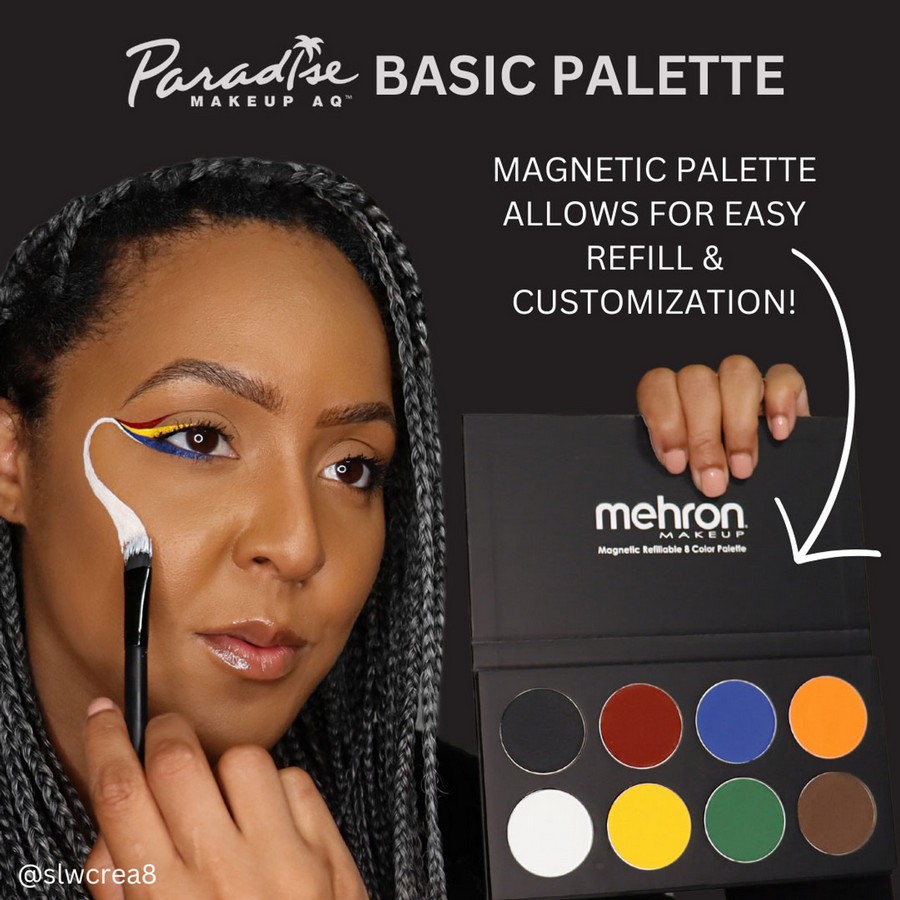 Informatie over het navulbare Mehron Paradise Basic Palette | SchminkenGrime.nl Uitleg over navulbare functie van het Mehron Paradise Basic Palette met model, verkrijgbaar bij SchminkenGrime.nl