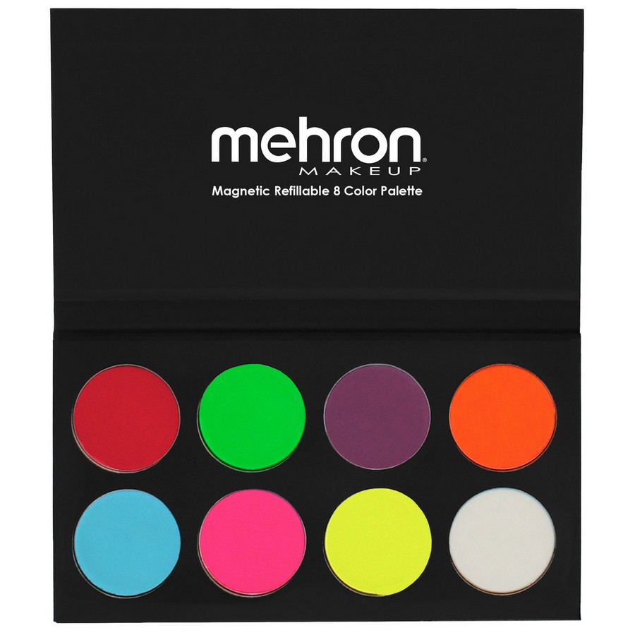Opengeklapt Mehron Paradise Neon Glow Palette met 8 neonkleuren, verkrijgbaar bij SchminkenGrime.nl