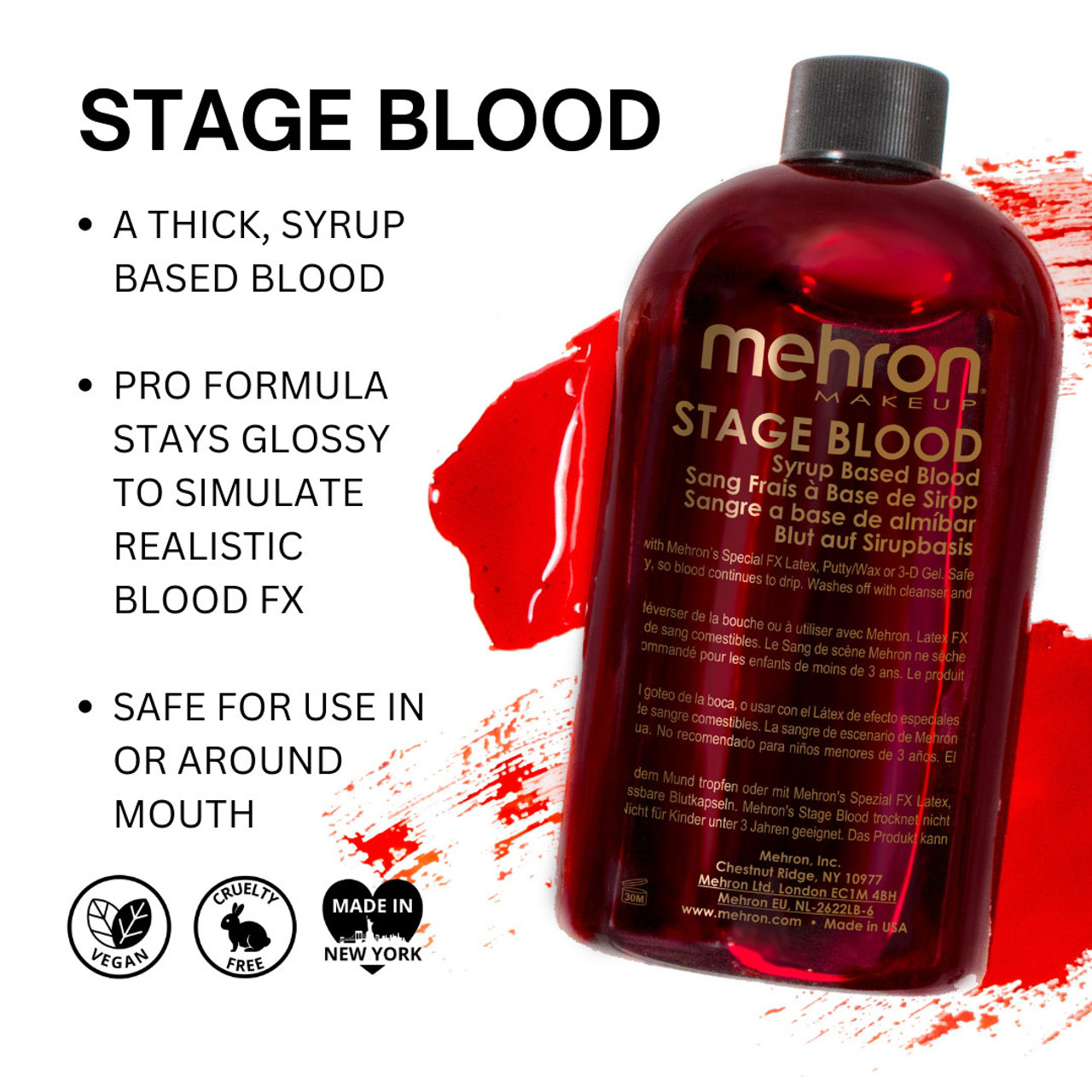 Mehron Stage Blood Venous – 472ml fles bij SchminkenGrime.nl Mehron Stage Blood Venous 472ml – realistisch donker bloed voor uitgebreide projecten – verkrijgbaar bij SchminkenGrime.nl