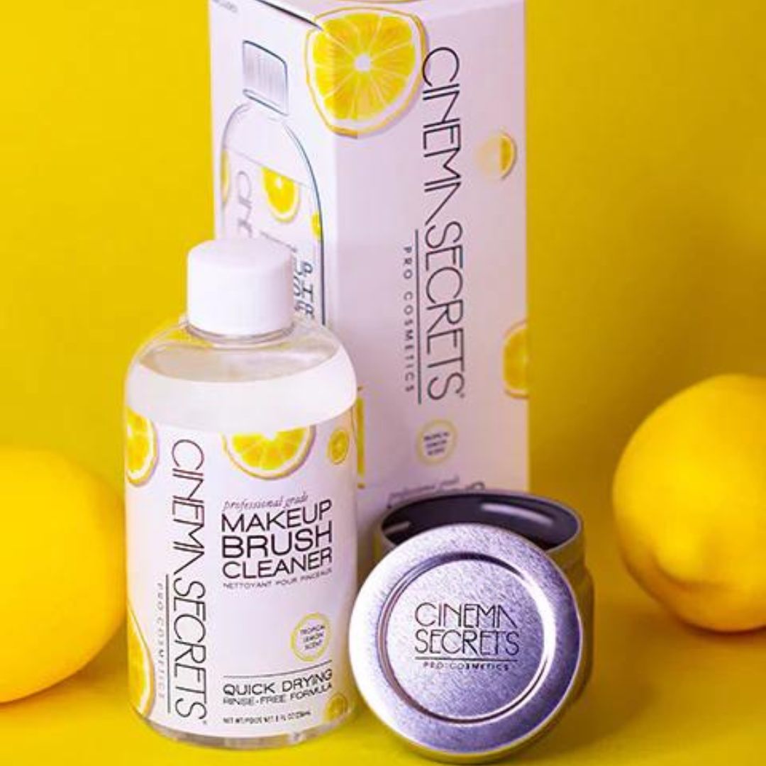 Cinema Secrets Brush Cleaner met frisse citroengeur, 237ml fles inclusief reinigingsblikje, ideaal voor snelle en grondige reiniging van penselen, verkrijgbaar bij SchminkenGrime.nl