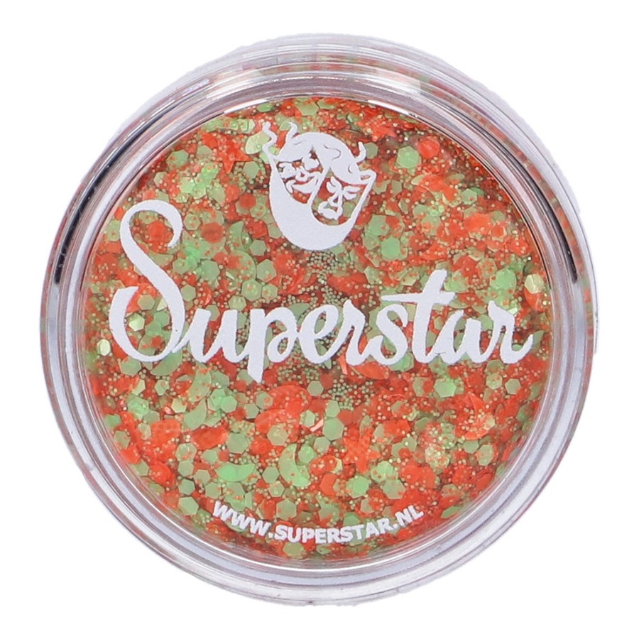 Superstar Chunky Glitter Cream Orange Green Kruikenstad detail van glitterstructuur, verkrijgbaar bij SchminkenGrime.nl