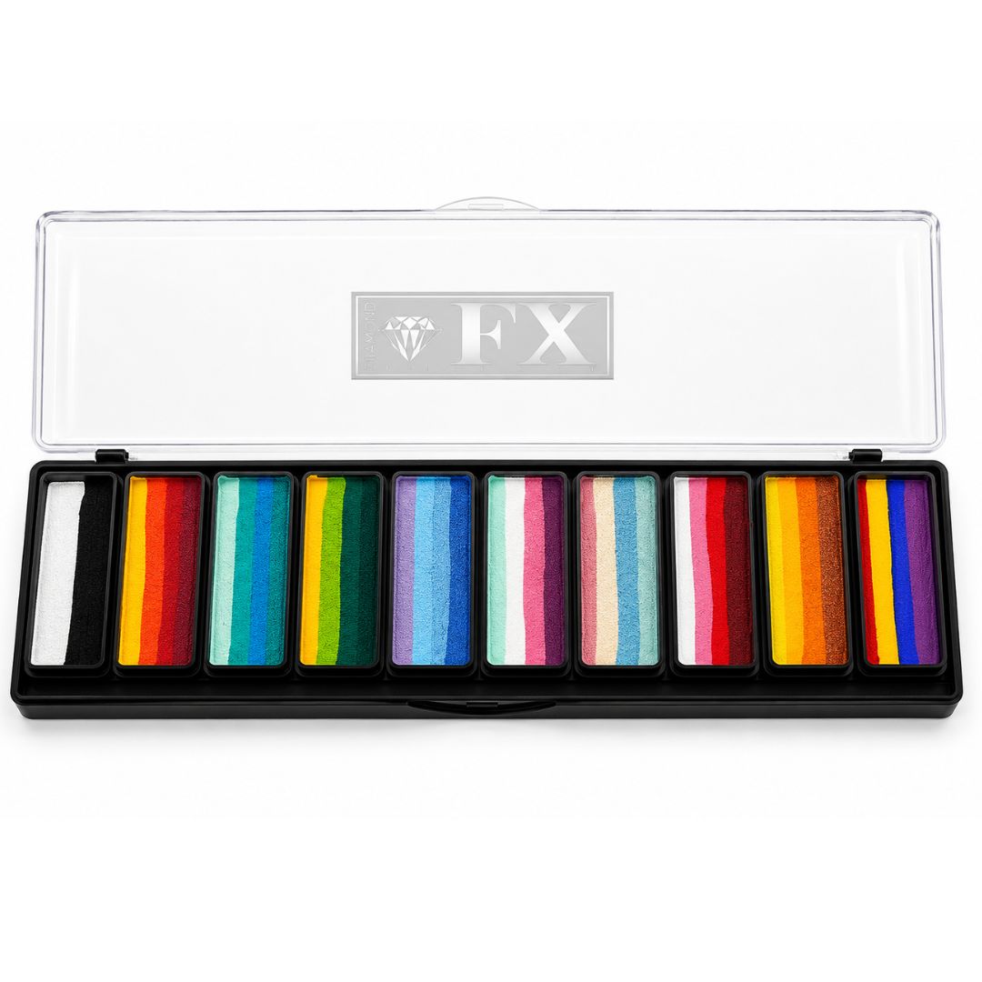 Diamond FX Ultimate Splitcake Palette Fairytales met 10 betoverende kleurencombinaties voor sprookjesachtige schmink, ideaal voor kinderen en fantasy, verkrijgbaar bij SchminkenGrime.nl
