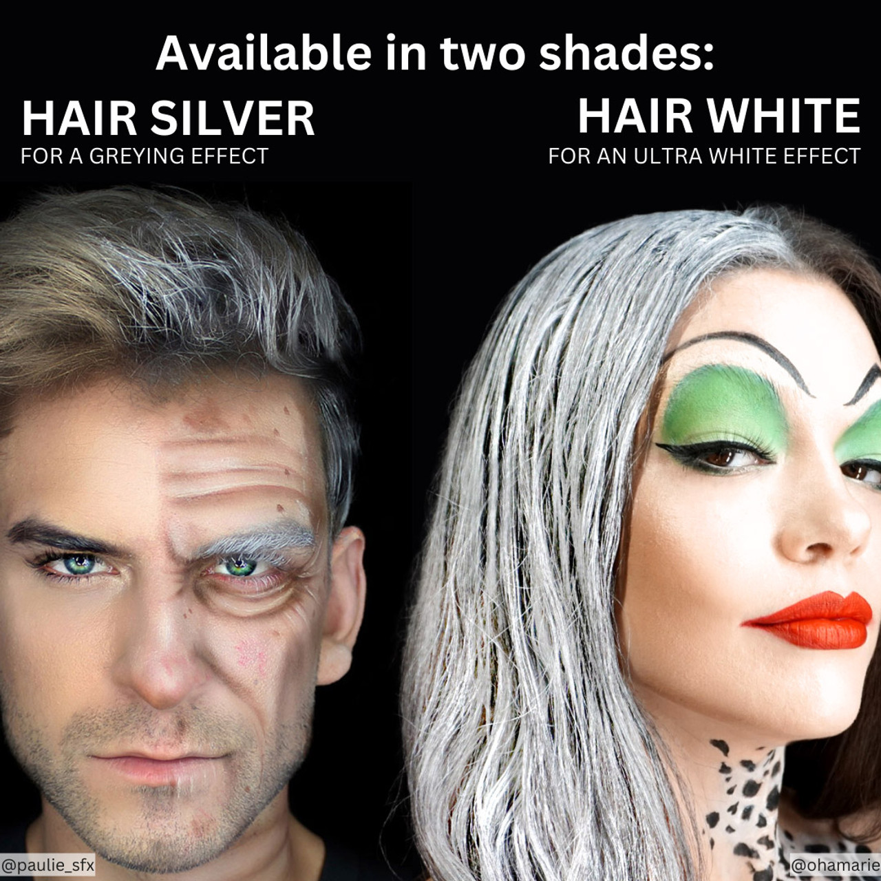 Mehron Hair White en Silver (135ml) aangebracht in het haar, laat het verouderingseffect zien met witte en zilveren accenten, geschikt voor theater en grime, verkrijgbaar bij SchminkenGrime.nl