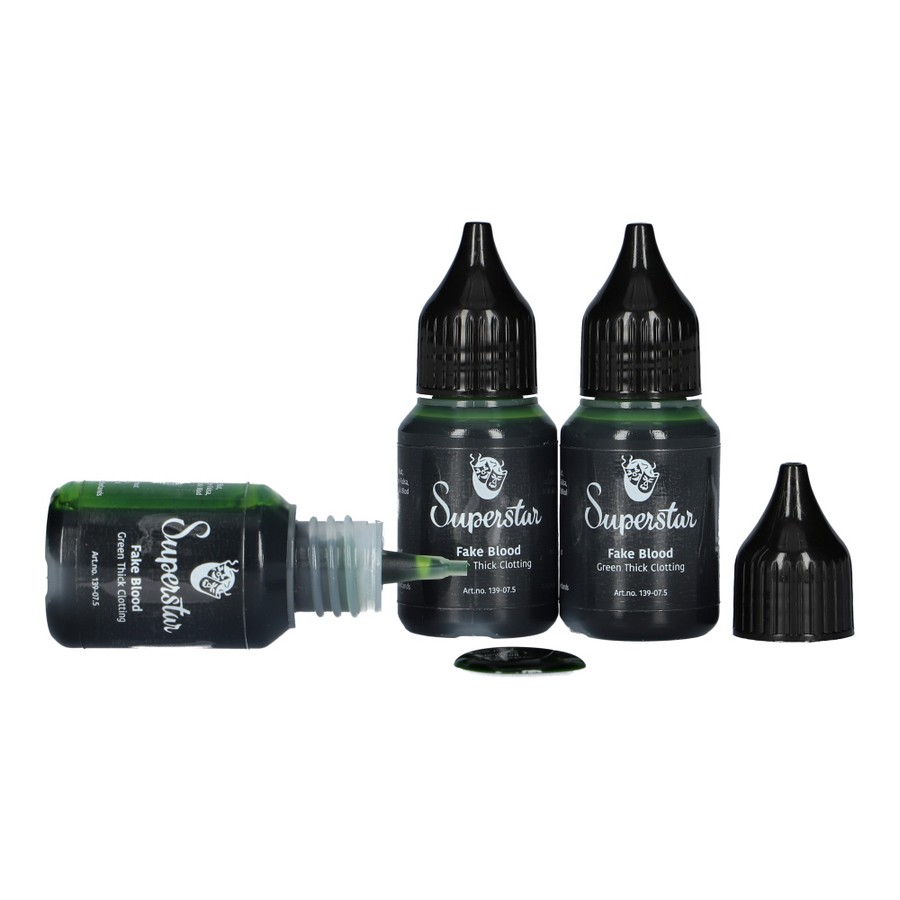 Superstar Nepbloed Groen Dik 20ml demonstratie van textuur, verkrijgbaar bij SchminkenGrime.nl Groene nepbloedstructuur uit Superstar 20ml flesje op witte ondergrond