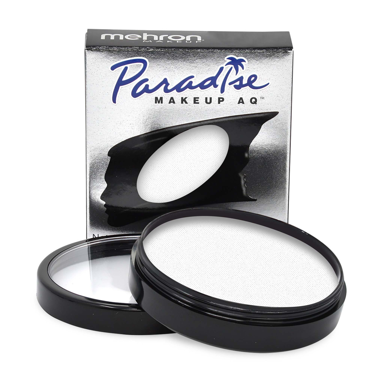 Mehron Paradise White 40gr – schmink met verpakking, verkrijgbaar bij SchminkenGrime.nl Mehron Paradise Makeup White 40 gram samen met de verpakking, professionele cake make-up voor dekkende witte schmink, verkrijgbaar bij SchminkenGrime.nl