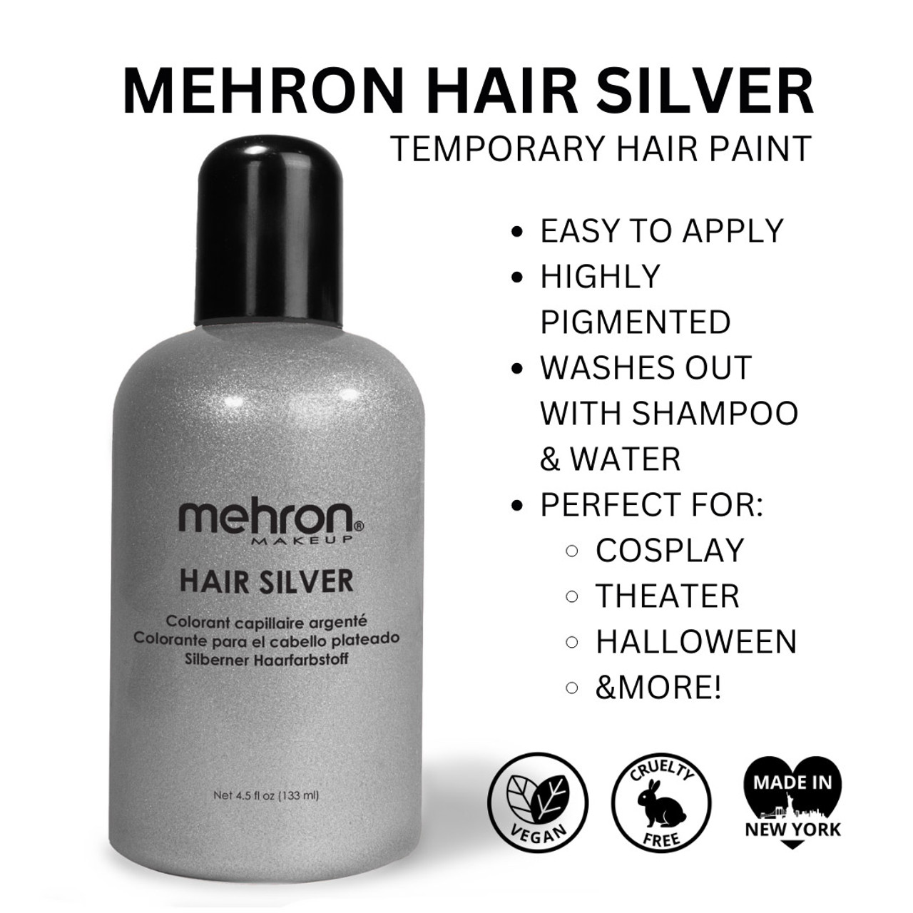 Informatieve afbeelding van Mehron Hair Silver (135ml), zilveren tijdelijke haarverf voor theater, cosplay en verouderingseffecten, makkelijk uitwasbaar, verkrijgbaar bij SchminkenGrime.nl
