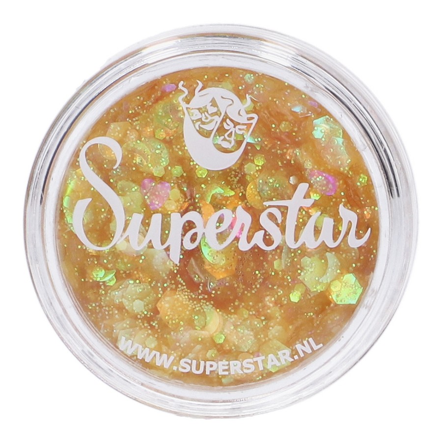 Superstar Chunky Glitter Cream Sunset Glow applied for summer looks, available at SchminkenGrime.nl