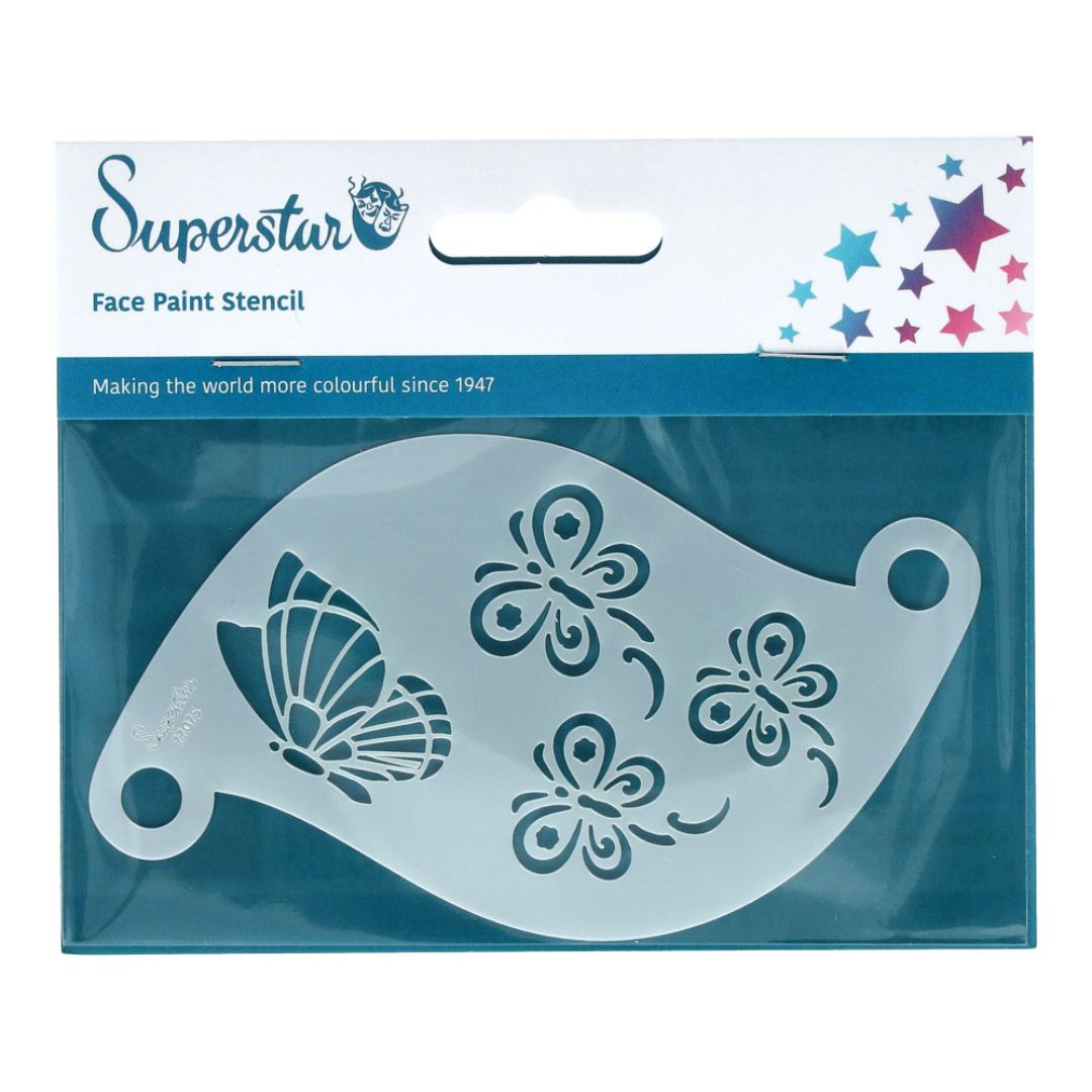 Superstar schminksjabloon Butterfly – verkrijgbaar bij SchminkenGrime.nl Superstar schminksjabloon Butterfly met sierlijke vlinders, geschikt voor vrolijke schminkontwerpen, verkrijgbaar bij SchminkenGrime.nl