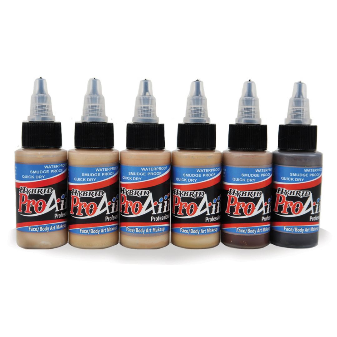 ProAiir Hybrid Skintone Pack met 6 kleuren airbrush schmink: ST05, ST10, ST20, ST30, ST40 en ST50, watervast en smudgeproof, perfect voor SFX en facepaint, verkrijgbaar bij SchminkenGrime.nl