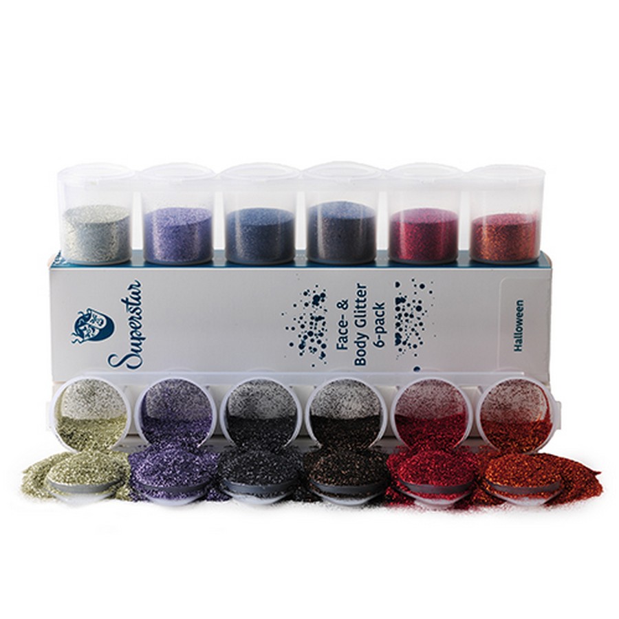 Superstar Halloween Fine Glitter Mix 6-pack met feestelijke kleuren, verkrijgbaar bij SchminkenGrime.nl