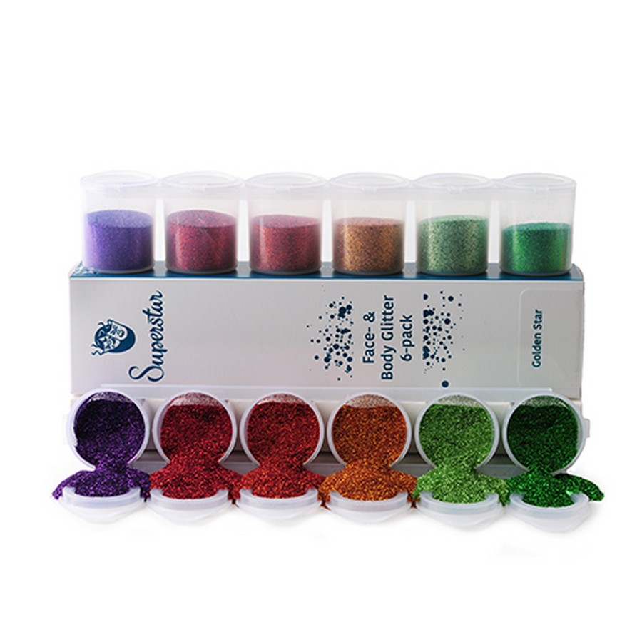 Superstar Fine Glitter Golden Star set met 6 kleuren, geschikt voor glittertattoos, huid en haar, verkrijgbaar bij SchminkenGrime.nl