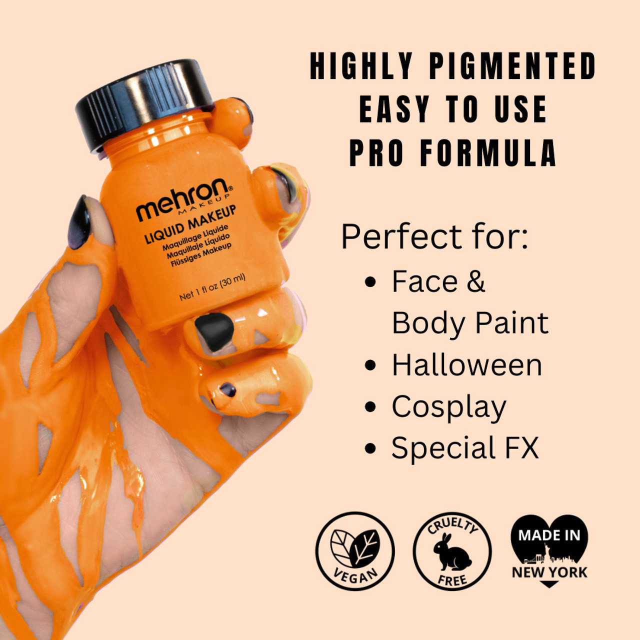 Informatieve afbeelding van Mehron Liquid Makeup Orange (135ml), oranje vloeibare schmink met sterke dekking, perfect voor facepaint, halloween en SFX, vegan en makkelijk afwasbaar, verkrijgbaar bij SchminkenGrime.nl