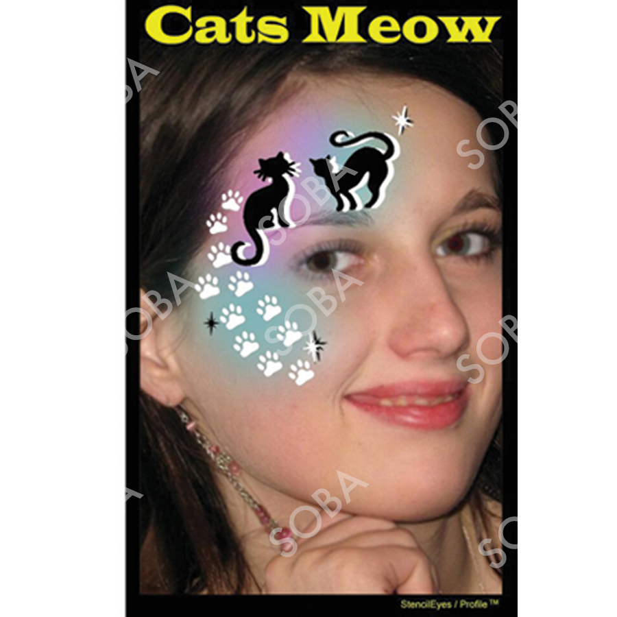 ProAiir Profile Stencil Cats Meow met schattige kattenvormen, ideaal voor facepaint met een dierenthema of kattenliefhebbers, verkrijgbaar bij SchminkenGrime.nl