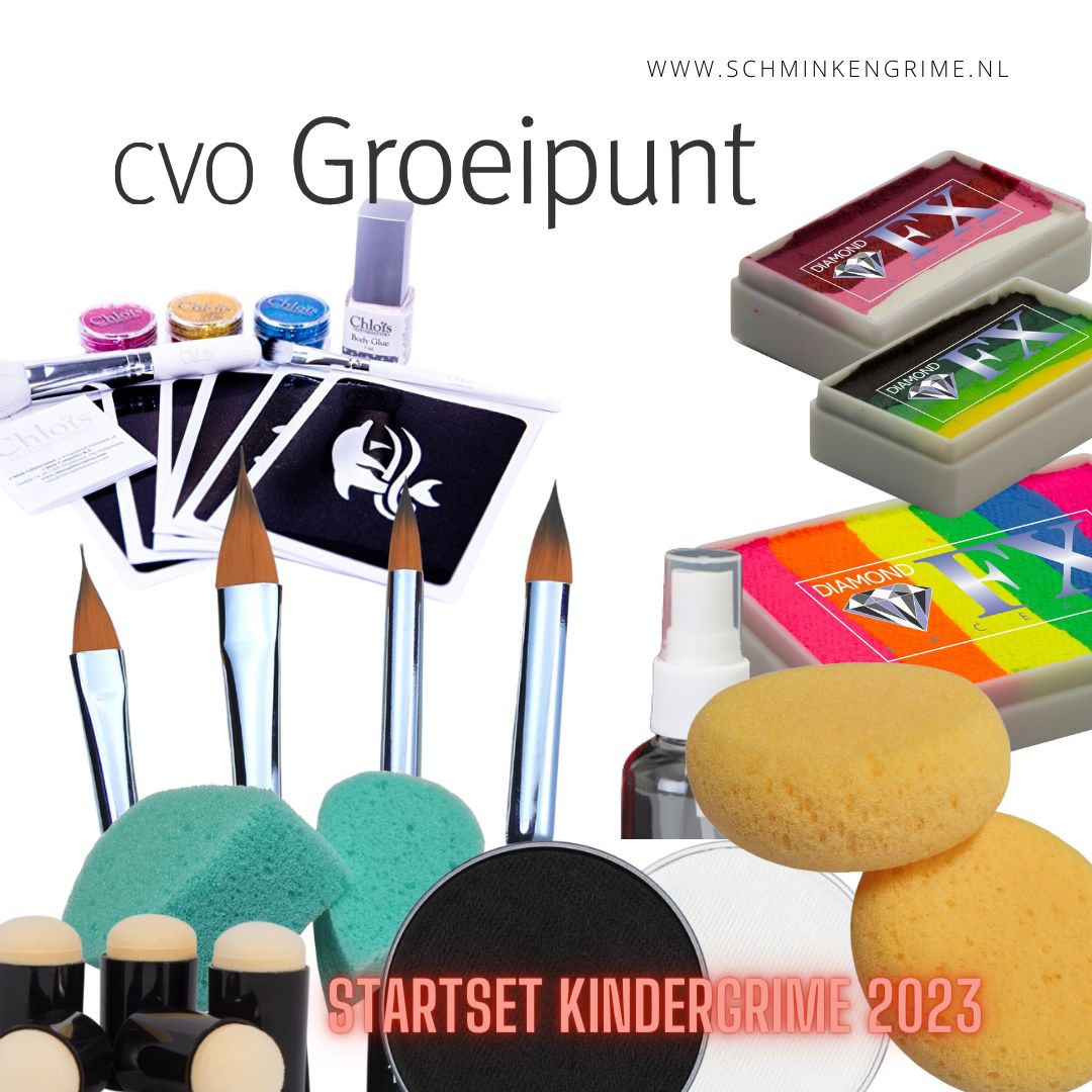 Startset Kindergrime 2023 met penselen, stencils en schmink voor CVO Groeipunt, verkrijgbaar bij SchminkenGrime.nl