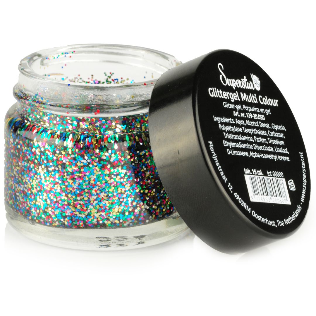 Superstar Glittergel Bont 15ml met bonte glittermix voor kleurrijke schminkprojecten, verkrijgbaar bij SchminkenGrime.nl