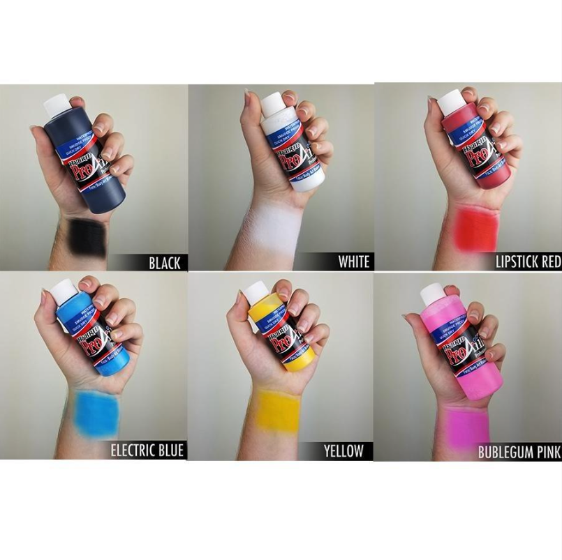 ProAiir Hybrid Colors Pack 6x30ml met swatches, verkrijgbaar bij SchminkenGrime.nl ProAiir Hybrid Colors Pack met 6 kleuren van 30ml, swatches op de arm tonen de sterke pigmentatie en finish van deze alcoholbased schmink, verkrijgbaar bij SchminkenGrime.nl