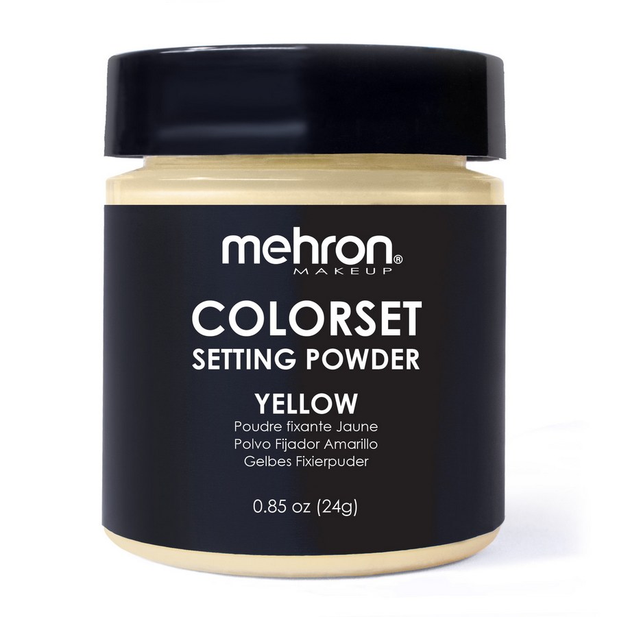 Potje Mehron Colorset Powder Bold Geel van 24 gram, gele setting powder met zwarte schroefdeksel.