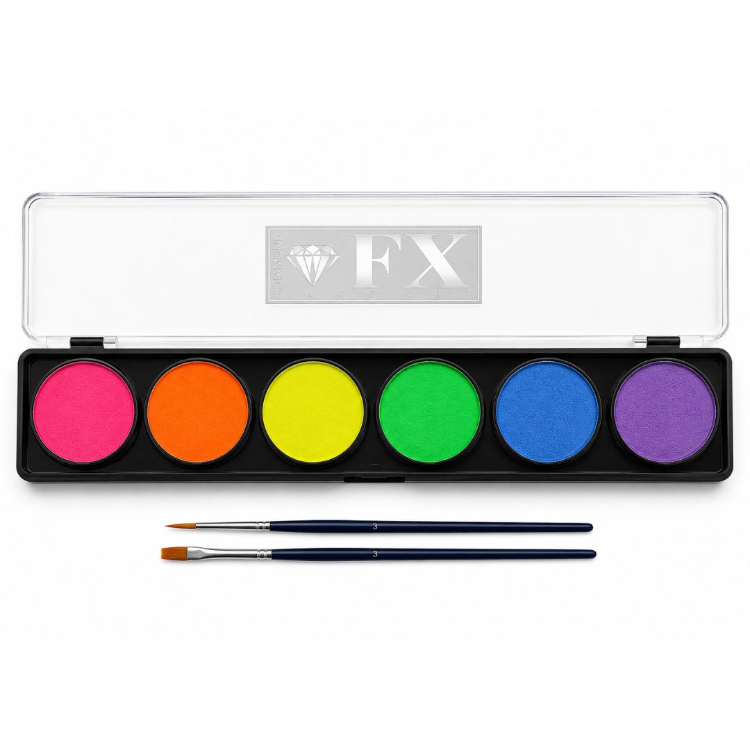 Klein neon schminkpalette van Diamond FX met heldere kleuren voor felle accenten, verkrijgbaar bij SchminkenGrime.nl