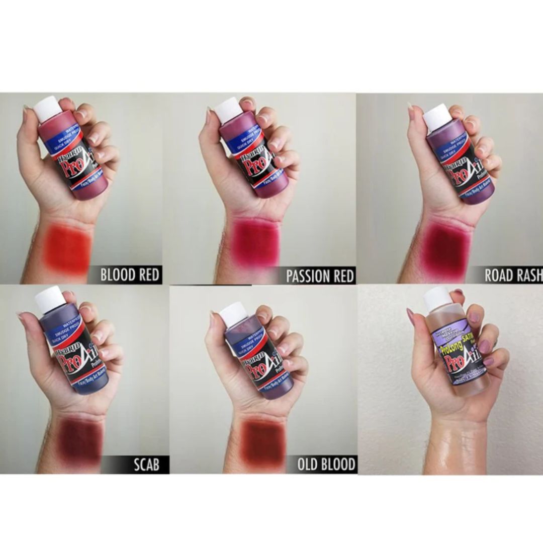 ProAiir Hybrid Blood Colors Pack 6x30ml, set met bloedtinten voor SFX, verkrijgbaar bij SchminkenGrime.nl ProAiir Hybrid Blood Colors Pack 6x30ml, set met 5 bloedtinten en Satin finish voor realistische effecten, verkrijgbaar bij SchminkenGrime.nl