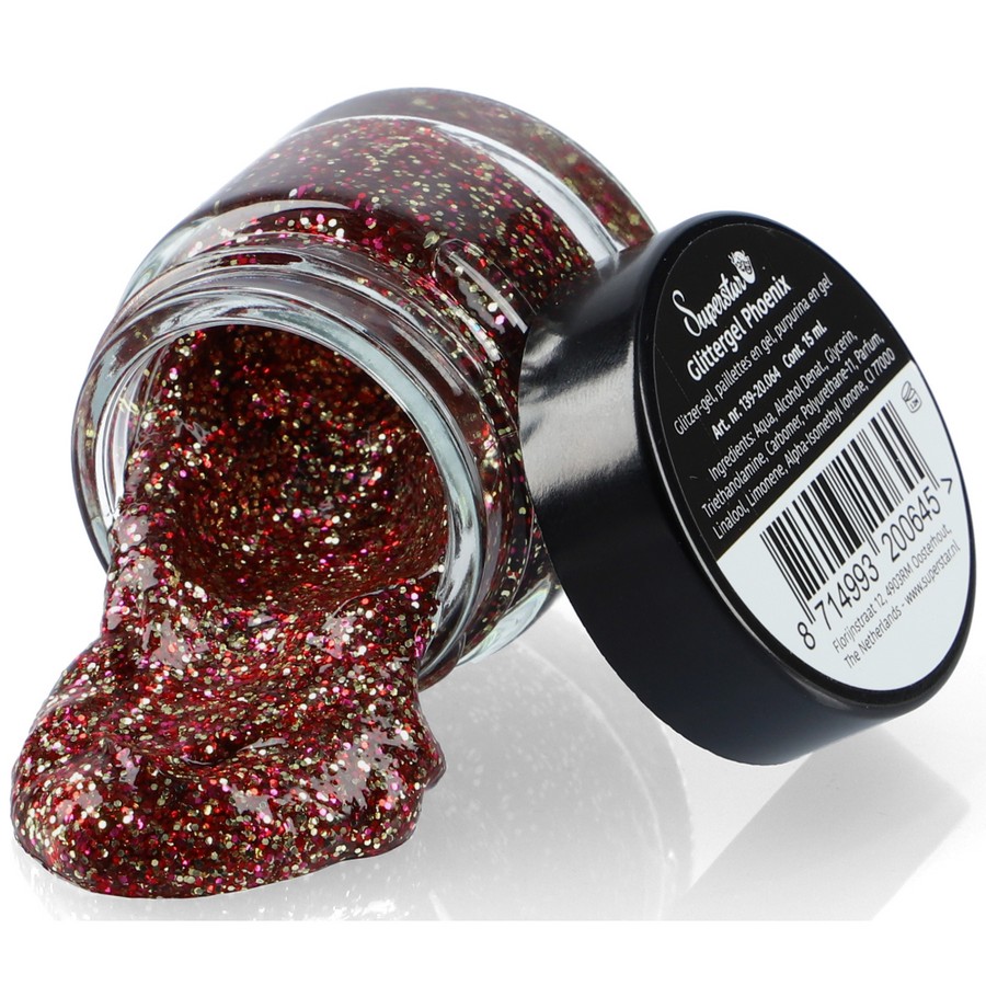 Superstar Glittergel Phoenix 15ml met roodgouden glitters, geïnspireerd op vurige feniks-tinten, verkrijgbaar bij SchminkenGrime.nl