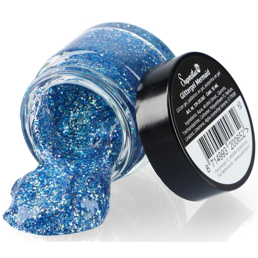 Superstar Glittergel Mermaid 15ml met turquoise en paarse glitters, perfect voor zeemeermin- of fantasythema’s, verkrijgbaar bij SchminkenGrime.nl