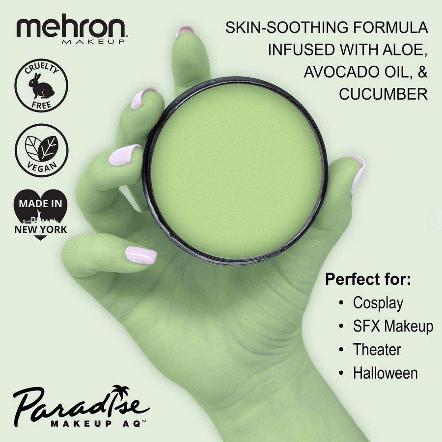 Mehron Paradise Makeup AQ Pastel Green met verzorgende ingrediënten, perfect voor SFX, cosplay en theater, verkrijgbaar bij SchminkenGrime.nl