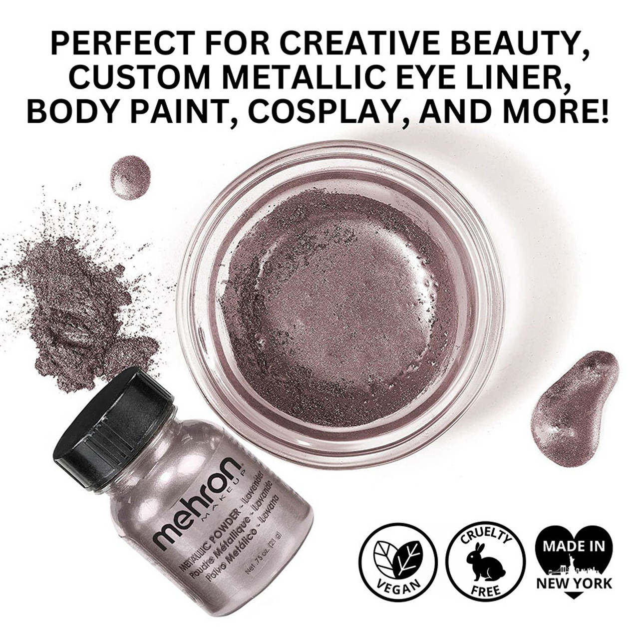 Mehron Metallic Powder Lavender – metallic lavendelkleurig poeder kopen bij SchminkenGrime.nl Mehron Metallic Powder Lavender poeder en resultaat – verkrijgbaar bij SchminkenGrime.nl
