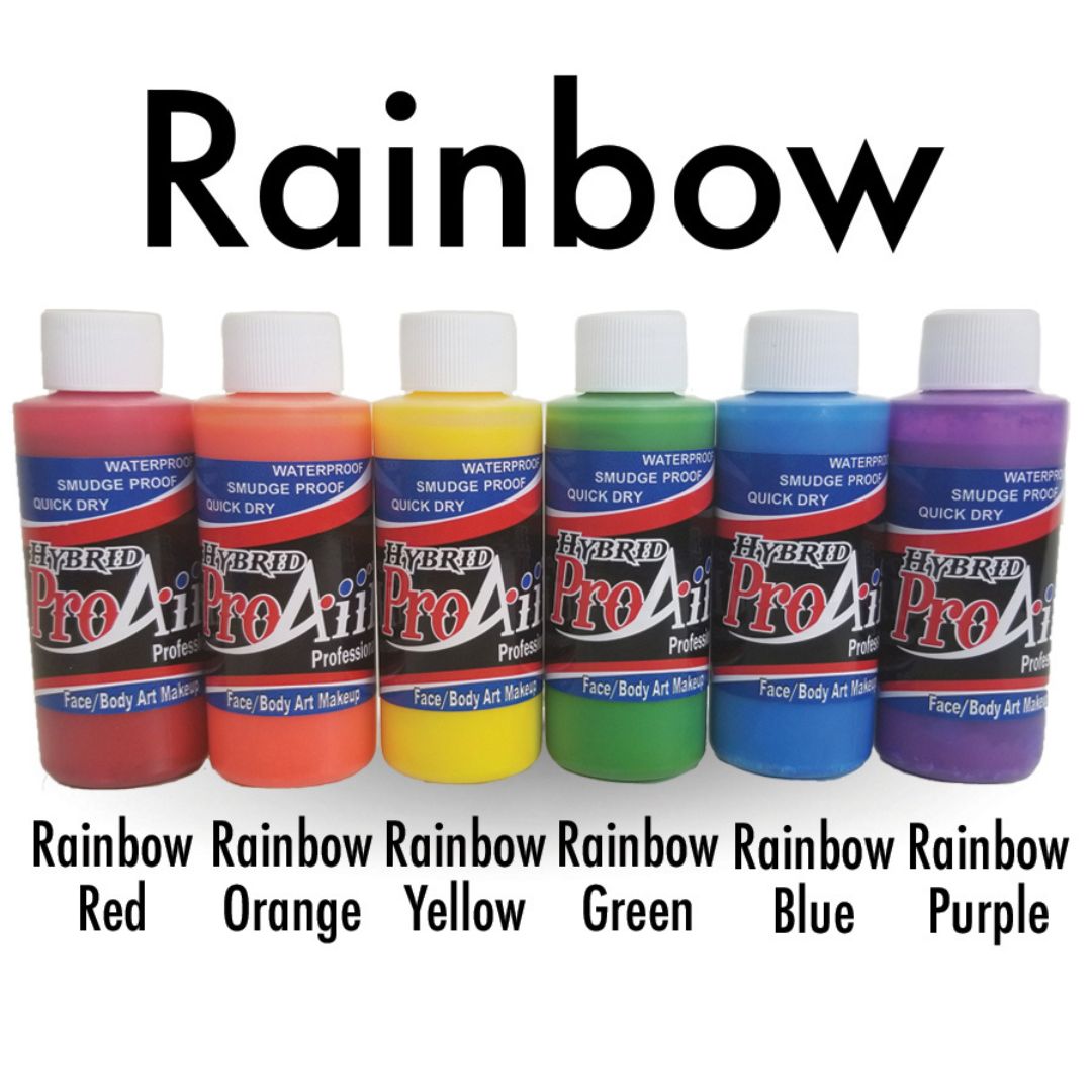ProAiir Hybrid Rainbow Pack 6×30ml, regenboogset watervaste schmink, verkrijgbaar bij SchminkenGrime.nl ProAiir Hybrid Rainbow Pack met 6 flacons van 30ml in felle regenboogkleuren, watervaste schmink op alcoholbasis voor professionele face- en bodypaint, verkrijgbaar bij SchminkenGrime.nl