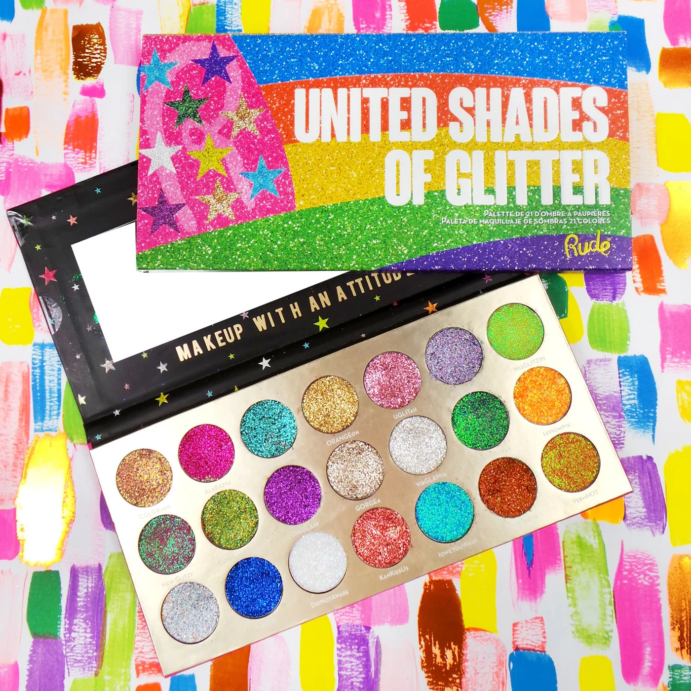 Rude Cosmetics United Shades of Glitter, Oogschaduw Palet (21 Kleuren)