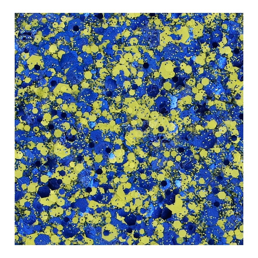Superstar Chunky Glitter Cream Blue Yellow aangebracht voor kleurrijke looks, verkrijgbaar bij SchminkenGrime.nl