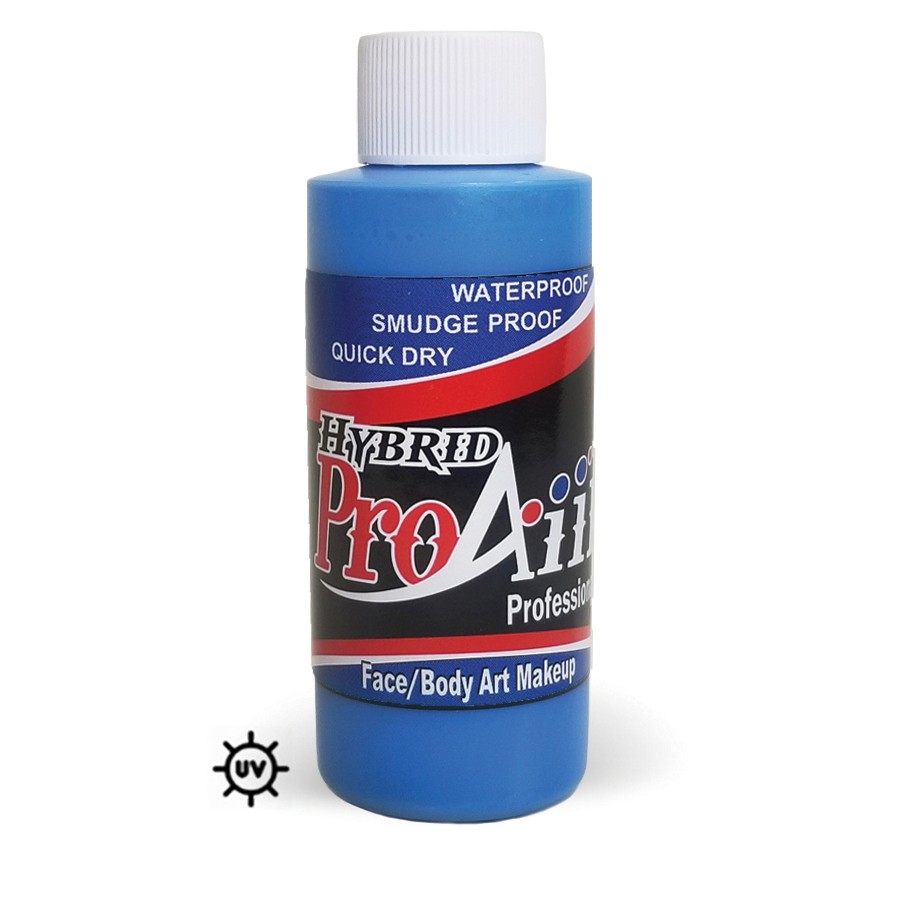 ProAiir Hybrid Biohazard Blue arm swatch met blauwgroene watervaste schmink, toont dekking en intensiteit, verkrijgbaar bij SchminkenGrime.nl