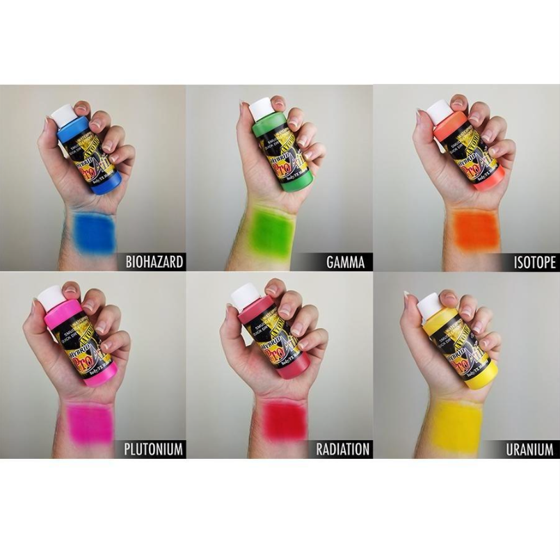 ProAiir Hybrid Atomic Colors Set, neon schmink voor airbrush, verkrijgbaar bij SchminkenGrime.nl ProAiir Hybrid Dutch Atomic Colors Set met intens gepigmenteerde airbrush schmink in neonkleuren, perfect voor UV-looks en festivals, verkrijgbaar bij SchminkenGrime.nl