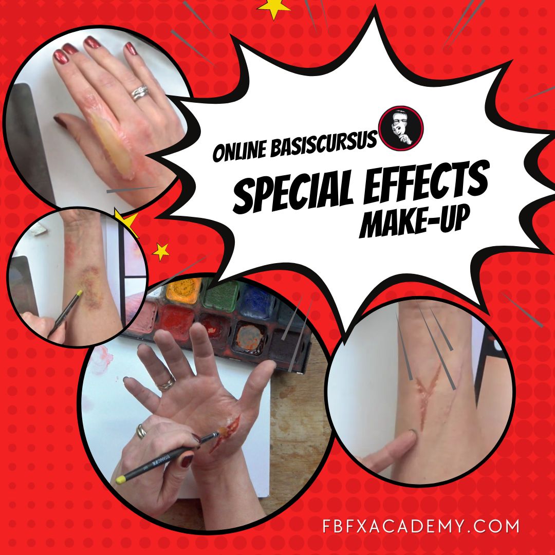 Kursbanner des Online-Grundkurses Special Effects Make-up mit Beispielen künstlicher Wunden