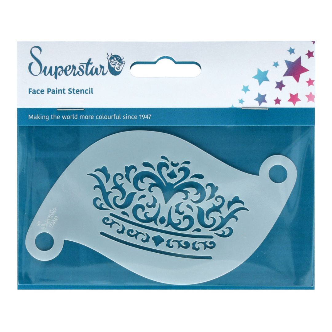Schminksjabloon van Superstar met sierlijke kroon en barokke vormen – ideaal voor prinsessenlooks, royal grime of sprookjesfiguren, verkrijgbaar bij SchminkenGrime.nl