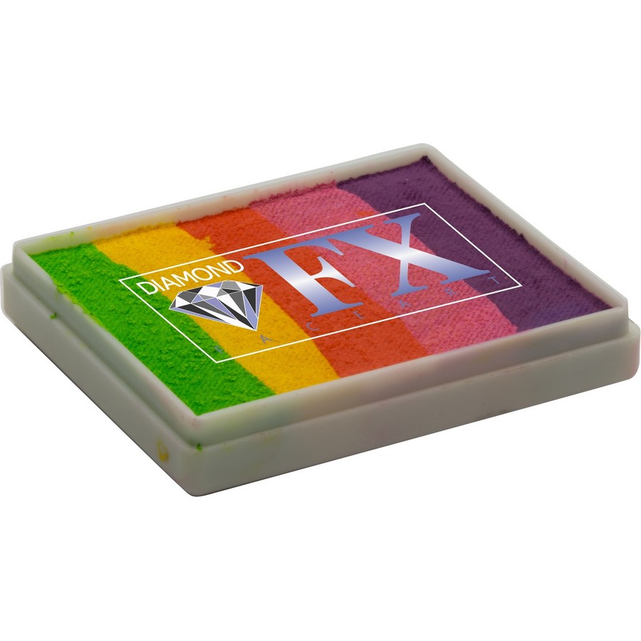 Diamond FX Splitcake Raving Rainbow van 50 gram met felle regenboogkleuren voor opvallende schmink, verkrijgbaar bij SchminkenGrime.nl