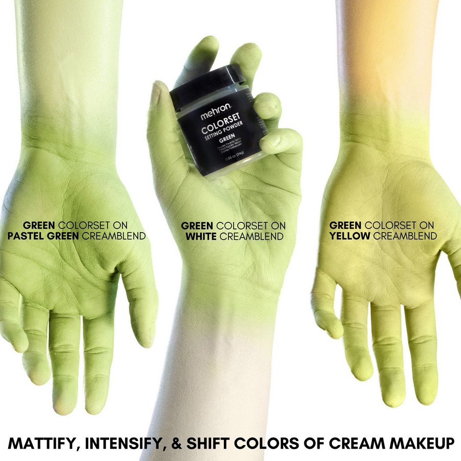 Mehron Colorset Powder Bold Groen in groene tint, ideaal voor heksen, zombies en monsterlooks.
