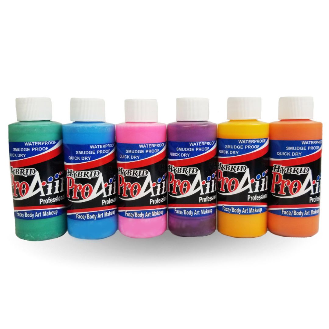 Verpakking van de ProAiir Hybrid Tropical Pack met 6 kleuren van 30ml, ideaal voor zomerse, kleurrijke body- en facepaint, watervaste airbrush schmink, verkrijgbaar bij SchminkenGrime.nl