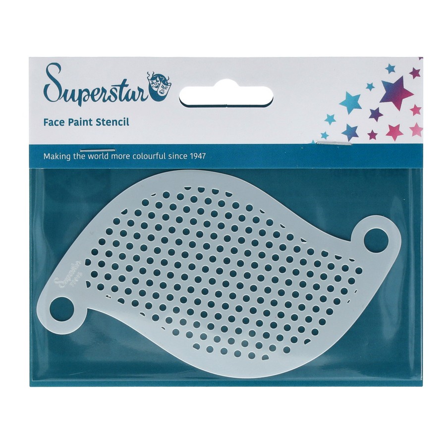 Superstar Stipples schminksjabloon met stippenpatroon – verkrijgbaar bij SchminkenGrime.nl Plastic schminksjabloon met egaal verdeeld stippenpatroon, ideaal voor Pop Art effecten – verkrijgbaar bij SchminkenGrime.nl
