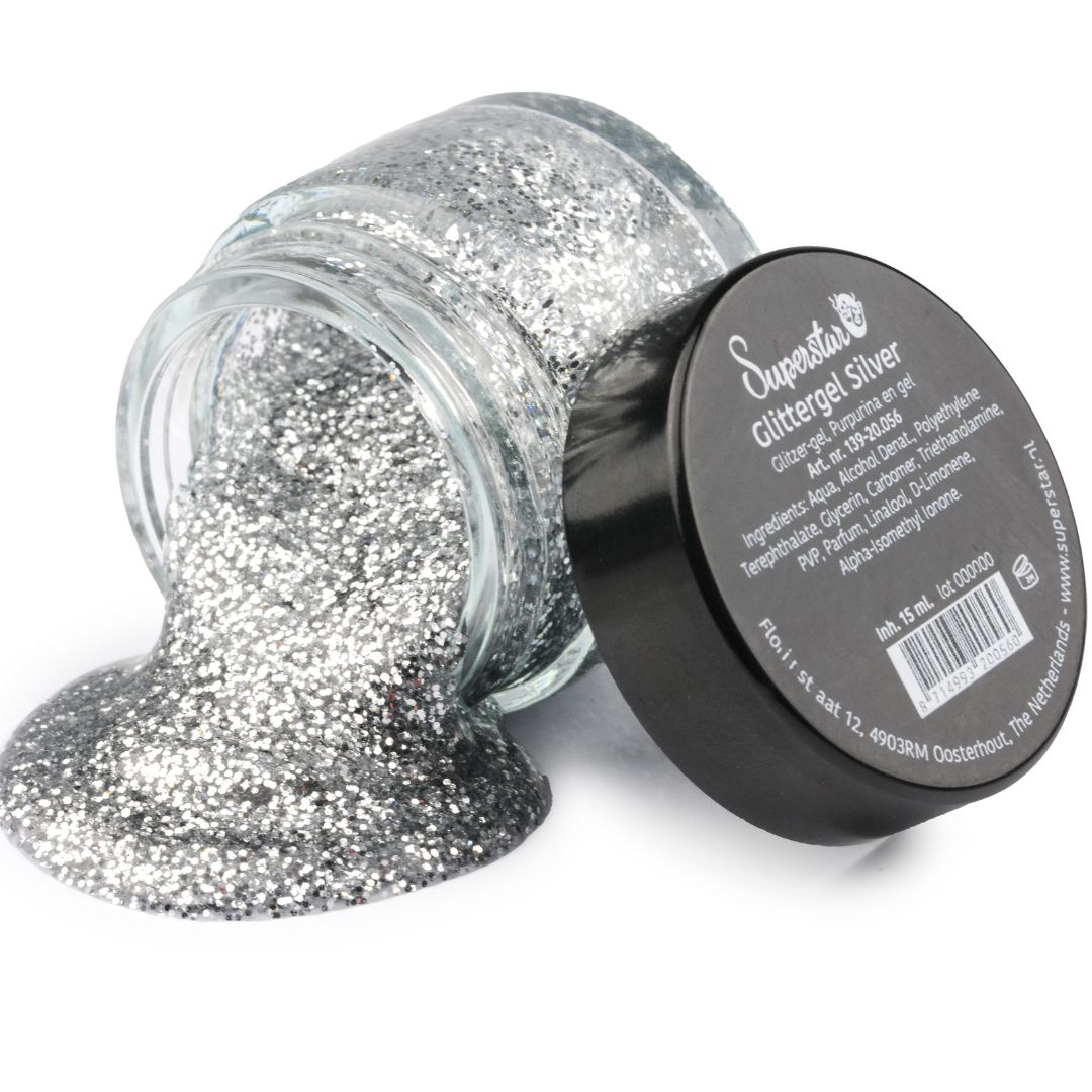 Superstar Glittergel Zilver 15ml met sprankelende zilveren glinstering, ideaal voor feestlooks, verkrijgbaar bij SchminkenGrime.nl